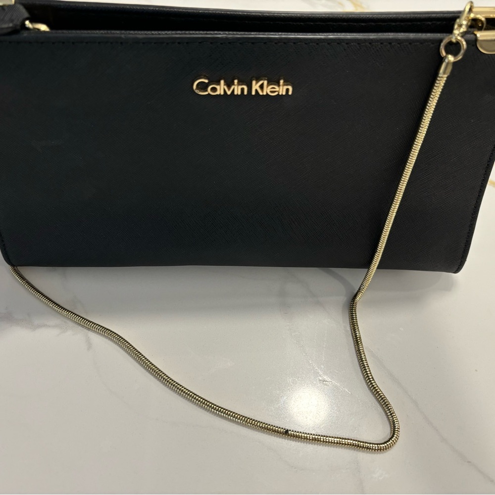 Calvin Klein Saffiano Black Leather Clutch Crossbody Handbag